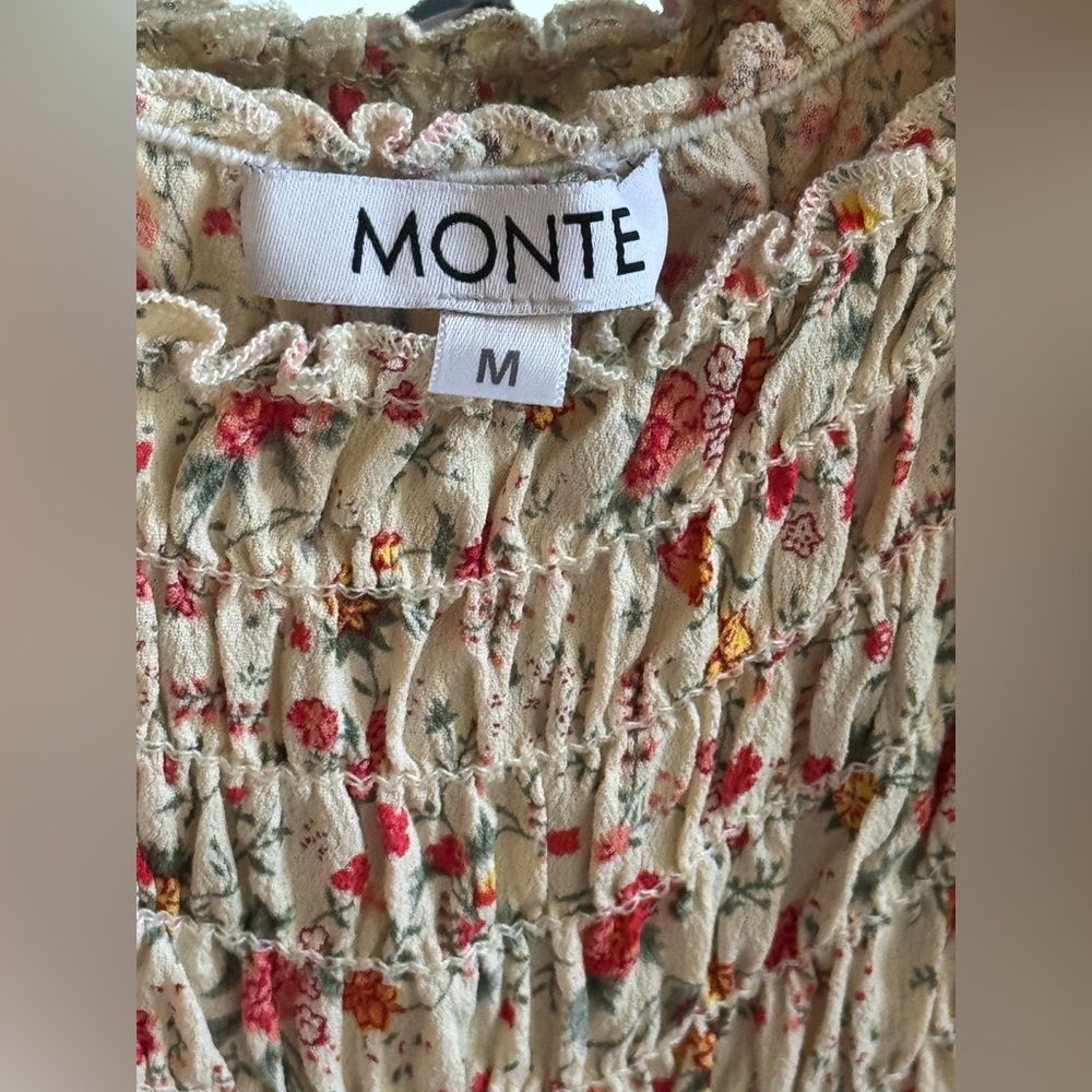 MONTE Floral Smocked Sundress Tie Shoulder Midi Dress Women's‎ Size M - Picture 2 of 3